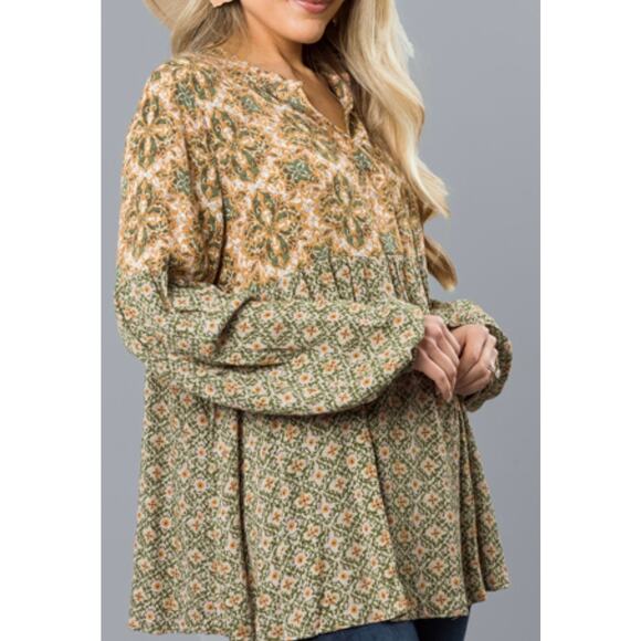 Easel Boho Babydoll Top Tan Green Floral Mixed Print Sz S EUC Earth Tones - Picture 2 of 9